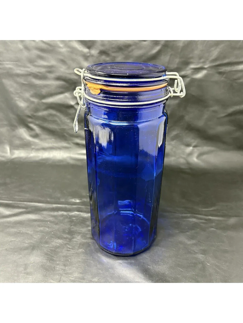 Cobalt Blue Jar Glass Storage Holder With Attached Wire Locking Lid 10” Tall